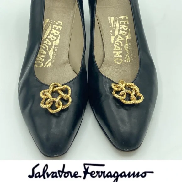 Salvatore Ferragamo | Shoes | Vintage 9s Salvatore Ferragamo Kitten Heels  Gold Ring Navy Blue Dress Shoes | Poshmark